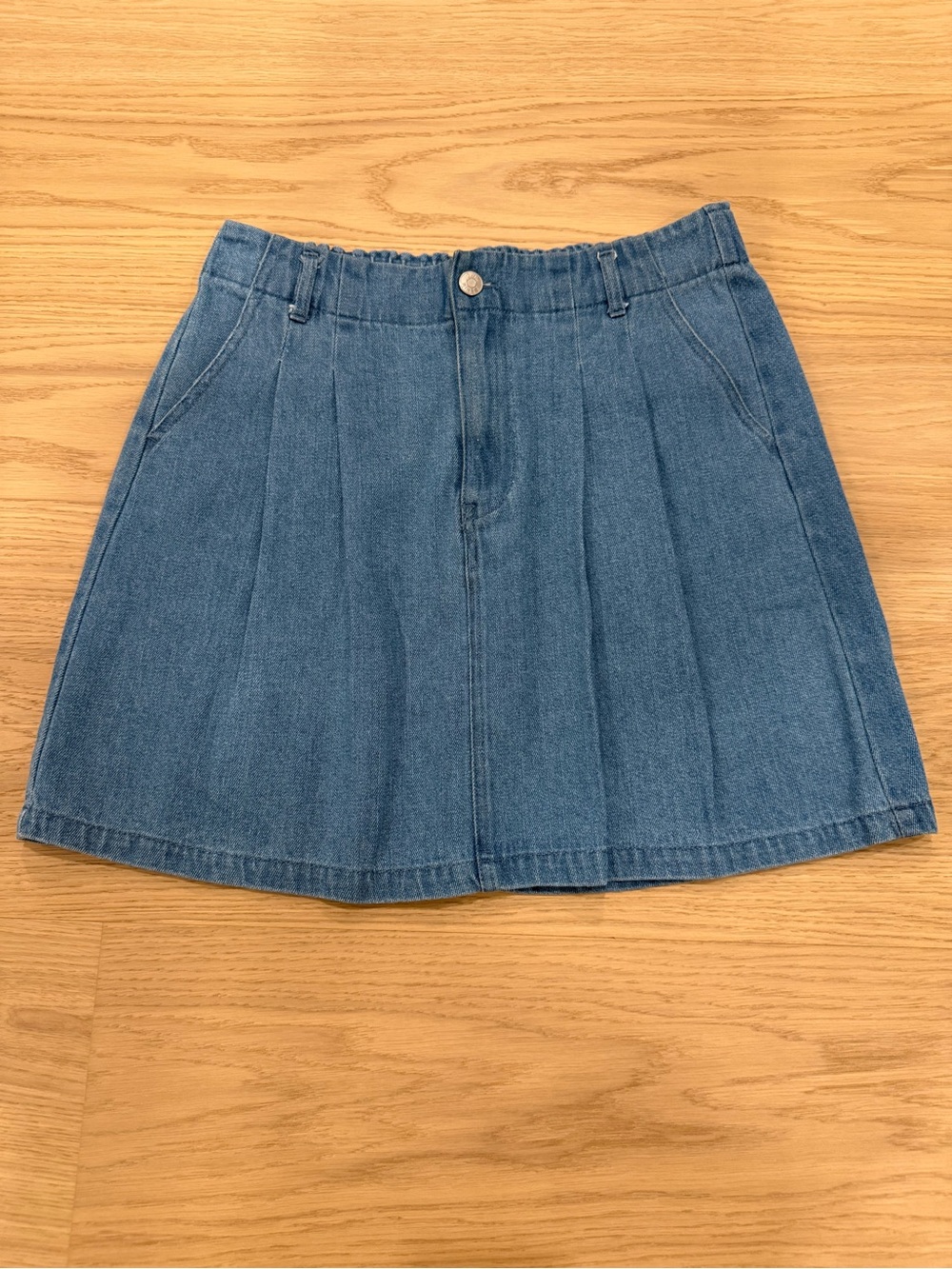 twik Denim Pleated Mini Skirt in Blue Denim